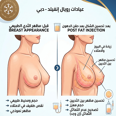 صورة توضيحية تُقارن بين شكل الثدي قبل وبعد حقن الدهون فيالعيادة الملكية في دبي