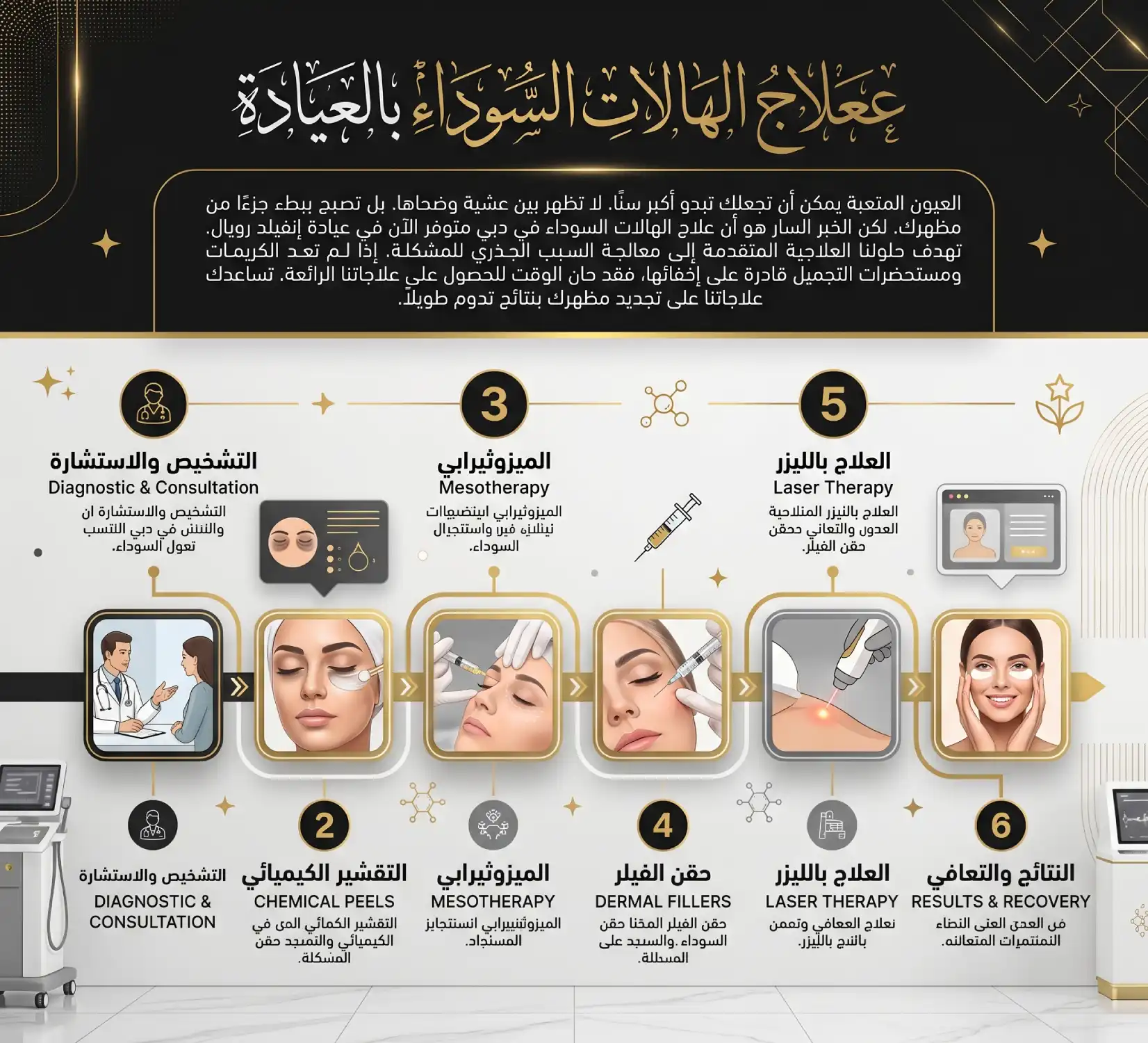 علاج الهالات السوداء في دبي – التقشير الكيميائي، والميزوثيرابي، والليزر، والحقن التجميلية – عيادة إنفيلد رويال