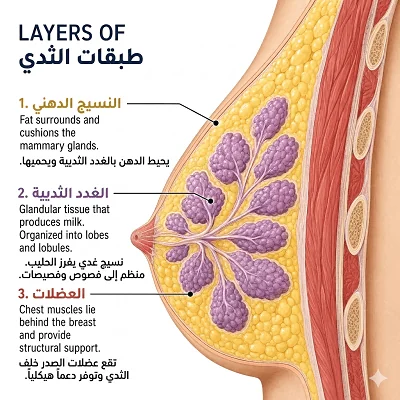مخطط تشريحي يُظهر طبقات الثدي الأنسجة الدهنية والغدد الثديية والعضلات