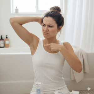 Young woman in white tank top grimaces in brightly lit bathroom, lifting arm and pointing to unshaven underarm with disgusted expression due to body odor.