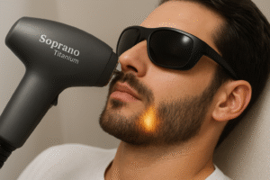 Man receiving laser hair removal treatment on beard with Soprano Titanium device, wearing protective sunglasses, close-up facial view, professional skincare procedure.