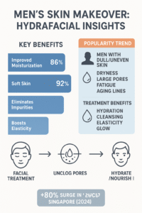 Infographic on men's skin makeover highlighting HydraFacial insights, key benefits including improved moisturization (86%), soft skin (92%), elimination of impurities, and boosted elasticity. Popularity trends focus on men with dull or uneven skin, dryness, large pores, fatigue, and aging lines. Treatment benefits emphasize hydration, cleansing, elasticity, and glow.