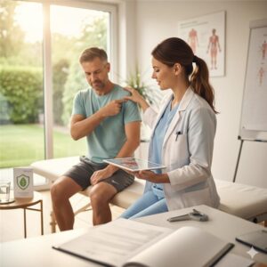 A physiotherapist consulting a man seated on an exam table in a well-lit therapy room, holding a tablet with a health assessment, with medical charts and a water bottle on a side table.