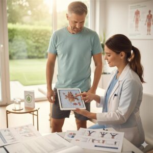 A physiotherapist reviewing a tablet with a man in a rehabilitation office, surrounded by medical documents and diagrams, with natural light streaming through large windows.