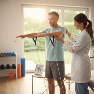 A physiotherapist guiding a man with resistance bands during a shoulder exercise in a bright therapy room, with a tablet showing a health diagram and exercise equipment nearby.