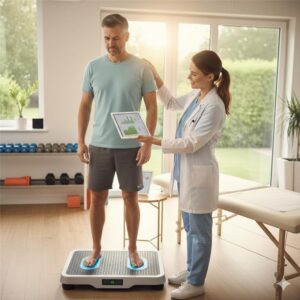 A physiotherapist assisting a man standing on a balance board in a modern rehabilitation room, with a tablet displaying a health graph, natural light, and fitness equipment in the background.