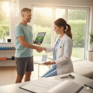 A physiotherapist and a man shaking hands in a rehabilitation office, with a tablet displaying a health check confirmation, surrounded by medical charts and natural light.