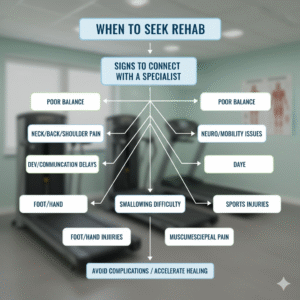 An informative diagram titled 'When to Seek Rehab' outlining signs to connect with a specialist, including poor balance, neck/back/shoulder pain, and sports injuries, aimed at promoting healing and avoiding complications.