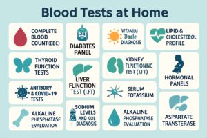 Blood Tests at Home infographic showing various medical tests including Complete Blood Count (CBC), Diabetes Panel, Vitamin D Diagnosis, Lipid and Cholesterol Profile, Thyroid Function Tests, Kidney Functioning Test (I.FT), Hormonal Panels, Antibody and COVID-19 Tests, Liver Function Test (I.FT), Serum Potassium, Alkaline Phosphatase Evaluation, Sodium Levels and Electrolyte Diagnosis, and Aspartate Transesterase.