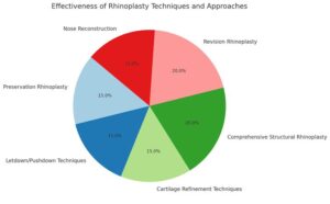 Pie chart showing effectiveness of different rhinoplasty techniques including revision rhinoplasty, structural rhinoplasty, and cartilage refinement