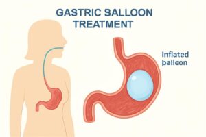 Illustration of gastric balloon treatment showing insertion through mouth and inflated balloon inside the stomach
