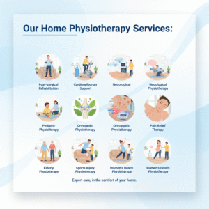 Home physiotherapy services infographic including post-surgical rehabilitation, cardiopulmonary support, neurological therapy, pediatric physiotherapy, orthopedic physiotherapy, pain relief therapy, elderly physiotherapy, sports injury recovery, and women's health physiotherapy. Expert in-home physiotherapy care.