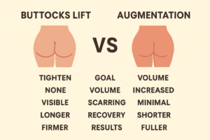 Buttocks lift vs augmentation comparison chart showing differences in goal, volume, scarring, recovery, and results.