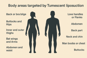 Body areas targeted by tumescent liposuction for men and women, including abdomen, waist, hips, thighs, arms, back, chest, neck, and buttocks.