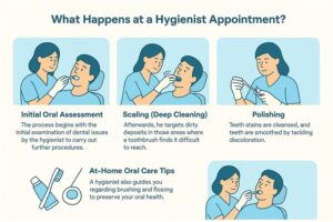 Informative diagram explaining a dental hygienist appointment, including steps like initial oral assessment, scaling (deep cleaning), polishing teeth, and at-home oral care tips, with illustrations of a hygienist working on a patient.