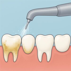 Illustration of a dental hygienist using a tool to clean teeth, removing plaque and tartar buildup from the gum line, showcasing a close-up of teeth with a spray of water for a professional dental cleaning procedure.