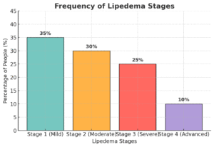 Bar chart showing frequency of lipedema stages: Stage 1 (Mild) 35%, Stage 2 (Moderate) 30%, Stage 3 (Severe) 25%, and Stage 4 (Advanced) 10%