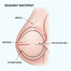 Medical diagram of doughnut mastopexy breast lift procedure, highlighting areola, incisions, skin excision area, and sutured edges for areola reduction surgery.