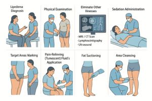 Step-by-step illustration of lipedema treatment process including diagnosis, physical examination, medical imaging tests, sedation, target area marking, tumescent fluid application, fat suctioning, and post-procedure cleansing.