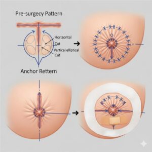 Illustration of breast lift surgery incision patterns showing pre-surgery markings, horizontal and vertical elliptical cuts, and anchor pattern closure technique for breast reduction or mastopexy.