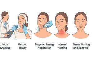 Ultherapy procedure step by step illustration showing initial checkup, patient preparation, targeted ultrasound energy application, skin heating, and final tissue firming and renewal for non-surgical facelift treatment.