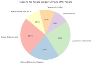 Pie chart showing reasons for areola surgery among UAE patients, including areola enlargement, appearance concerns, flattened or stretched areolas, disproportion, nipple-areola mismatch, and soreness or irritation.