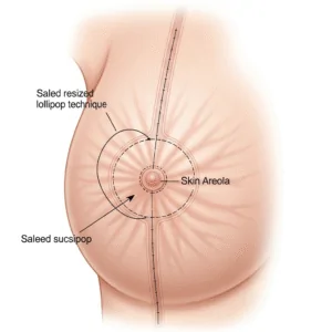 Diagram illustrating the lollipop technique for breast reduction surgery, highlighting the resized lollipop incision and suctioned area around the skin areola.
