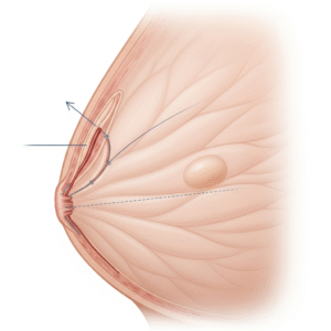 Close-up medical illustration of a breast lift procedure, showing the incision and suturing technique around the areola for surgical enhancement.