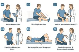 Infographic illustrating six stages of advanced orthopedic rehabilitation: 01 Initial Assessment with a healthcare professional, 02 Mobility Exercises for joint movement, 03 Muscle Reinforcement Workouts with weights, 04 Precision Movement Drills for accuracy, 05 Recovery-Focused Programs with equipment, and 06 Health Education & Prevention Protocols with a therapist.