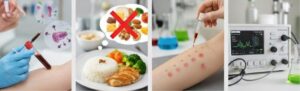 Collage of medical tests for food intolerances, including blood sample collection with a syringe, a plate of healthy food with a cross indicating intolerance, an allergy skin prick test on an arm, and a lab machine analyzing data.