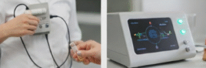 Medical equipment for food intolerance testing, featuring a handheld device measuring breath samples and a modern diagnostic machine displaying health data on a screen.