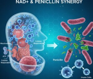 Illustration of NAD+ and Penicillin synergy, showing a human head with NAD+ molecules and cellular respiration, alongside bacteria being destroyed by Penicillin and immune cells, highlighting their combined therapeutic effect.