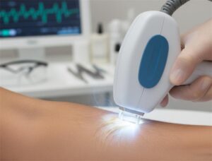 Macro shot of a medical-grade IPL laser device emitting a bright flash while treating unwanted hair on a patient’s arm during a professional laser hair removal session, with monitoring equipment visible in the background.