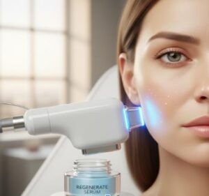 Woman receiving advanced mesotherapy facial treatment with serum and LED device in Dubai clinic for skin rejuvenation and wrinkle reduction.