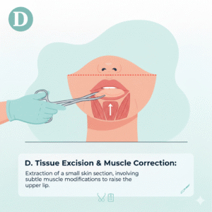 Step-by-step illustration of tissue excision using surgical scissors to remove a small skin section and subtly modify underlying muscles for raising the upper lip during bullhorn lip lift, with anatomical highlights; optimized for SEO terms like "bullhorn lip lift tissue removal process" in advanced cosmetic surgery breakdowns.