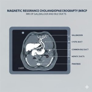 MRCP MRI scan of gallbladder and bile ducts labeling liver, pancreas, cystic duct, common bile duct, and hepatic ducts for non-invasive imaging of gallstones and biliary obstructions