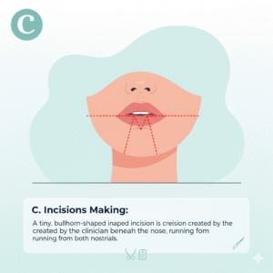 Detailed medical illustration of a bullhorn-shaped incision being created beneath the nose, with red dashed lines indicating the precise cut from both nostrils on a patient's face for upper lip shortening; enhances SEO for "bullhorn lip lift incisions explained" in cosmetic enhancement tutorials and diagrams.