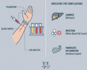 Illustrated indicators for gallbladder surgery complications including lab analysis for jaundice (bilirubin), infection (white blood cell count), and pancreatic inflammation (amylase/lipase) with phlebotomy blood sample diagram