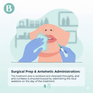 Artistic depiction of a clinician in blue gloves applying local anesthetic via syringe and sanitizing the treatment area with a cloth on a patient's mouth before bullhorn lip lift surgery, ensuring numbness and cleanliness on procedure day; SEO-friendly for "lip lift surgical preparation steps" in anesthesia and hygiene guides.
