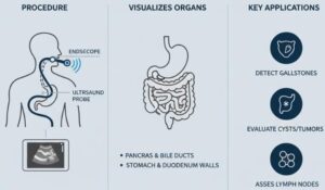 Endoscopic ultrasound procedure visualization showing endoscope with ultrasound probe, organs like pancreas and bile ducts, and key applications for detecting gallstones, evaluating cysts/tumors, and assessing lymph nodes in gallbladder issues.