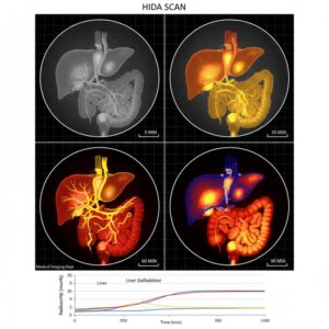 HIDA scan images of liver and gallbladder at 0, 30, 60, and 90 minutes with radioactivity count graph for diagnosing gallbladder stones and biliary dysfunction