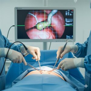 Surgeons performing laparoscopic cholecystectomy for gallbladder stone removal in operating room with monitor displaying internal view and surgical instruments in action