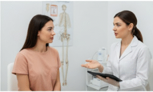 Female dermatologist in a white coat consulting with a patient in a medical office, discussing skin treatment options with anatomical charts in the background, promoting personalized aesthetic care.