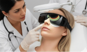 Skincare specialist applying soothing cotton pads under a female patient’s eyes as part of post-laser treatment care following a facial rejuvenation procedure in a clean clinical environment.