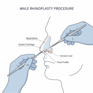 Illustration of a male rhinoplasty procedure showing a surgeon making an incision along the nasal bone and septal cartilage. The diagram highlights the incision line and the final profile of the refined nose, ideal for educational content on cosmetic nasal surgery techniques.