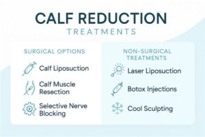 A promotional graphic for calf reduction treatments, divided into two sections: "Surgical Options" and "Non-Surgical Treatments." The surgical options include Calf Liposuction, Calf Muscle Resection, and Selective Nerve Blocking, each accompanied by a relevant icon (syringe, scissors, and gear). The non-surgical treatments include Laser Liposuction, Botox Injections, and Cool Sculpting, each with icons (sunburst, syringe, and snowflake). The text is set against a light blue background with a clean, modern design.